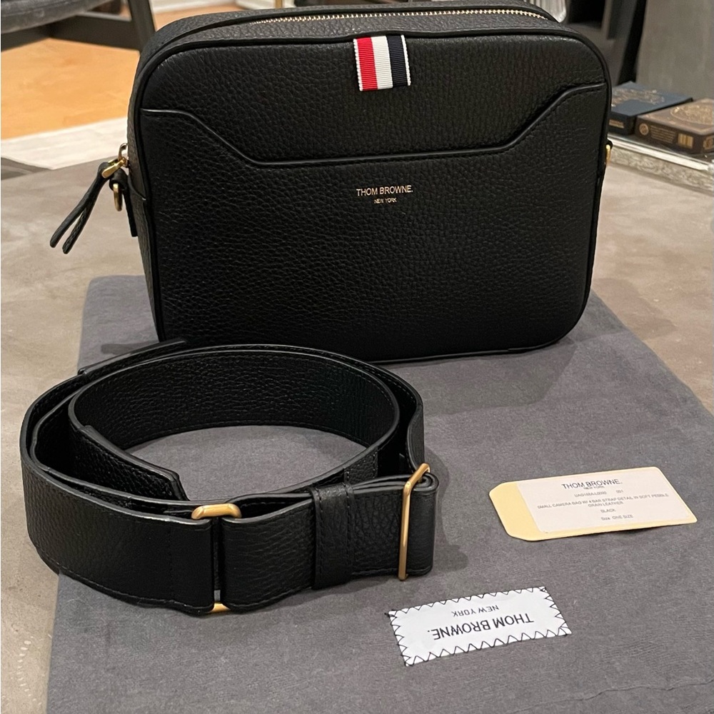 Thom Browne Black Camera Bag w/ 4 Bar Strap Detail in Soft Pebble Grain Leather